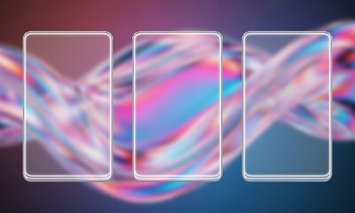 Three glass screens hover in front of an abstract background with pink, blue, and purple colors, creating a modern and futuristic design element
