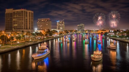 Festive Boat Parade at Night with Fireworks over City Skyline Reflection on Water