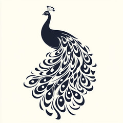 Fototapeta premium Stylish peacock illustration in dark blue with intricate details, showcasing its majestic tail feathers and graceful posture isolated on white background