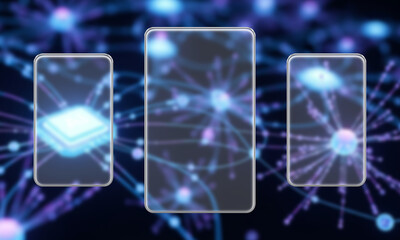 Three transparent smartphone mockups display a futuristic digital network with glowing nodes, ideal for showcasing tech or communication concepts