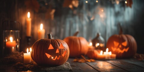 Three carved pumpkins with lit candles, surrounded by autumn leaves and a wooden table, creating a festive Halloween atmosphere.