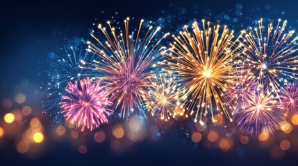 Fototapeta premium Vibrant Fireworks Display Against Dark Blue Sky Background, Festive Celebration, and Abstract Holiday Design