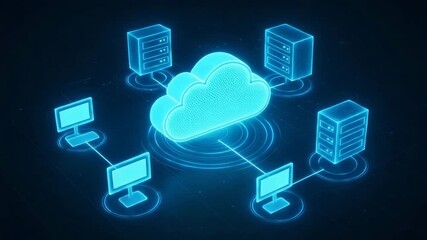 A futuristic cloud computing network connecting various devices and servers in a digital environment. - Powered by Adobe