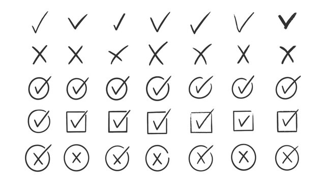 Hand drawn black check mark and cross symbol set