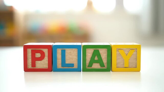 Colorful wooden alphabet blocks spelling 'PLAY' on a bright, blurred background, symbolizing childhood education and fun.