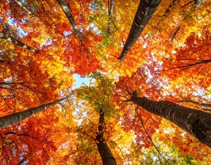 An upward perspective showcases a vibrant forest canopy during autumn. Rich reds and oranges dominate the foliage, contrasting with the blue sky patches. Tall tree trunks stretch upwards