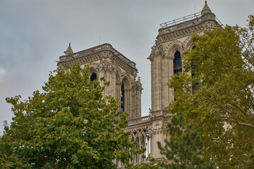 Gothic towers of Notre Dame Cathedral in Paris with a gray sky and trees in the foreground in a historic setting