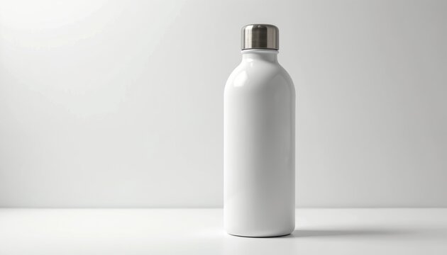 Clean white reusable water bottle with metallic cap on white surface. Simple object for hydration, drink, fitness, eco lifestyle. Blank for custom design.