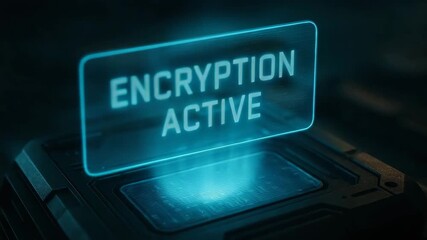 A glowing holographic sign indicating that encryption is active, emphasizing secure digital communication and information protection.