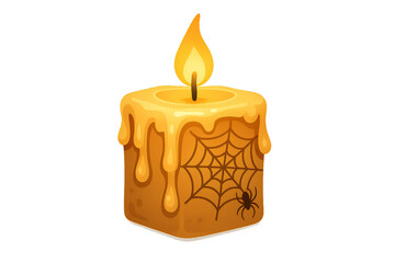 Glowing Halloween candle with dripping wax and spiderweb design