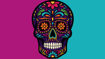 Vibrant Sugar Skull Illustration for Day of the Dead Celebration on Split Background