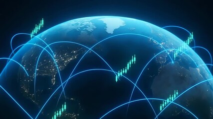 A digital representation of global connectivity, showcasing data flow and networking across the globe with vibrant blue lines. - Powered by Adobe