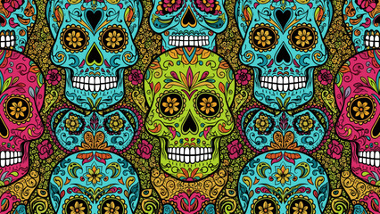 Vibrant Sugar Skulls Seamless Pattern. Dia de los Muertos Inspired Ornate Calaveras Background. Festive Mexican Folk Art Design.
