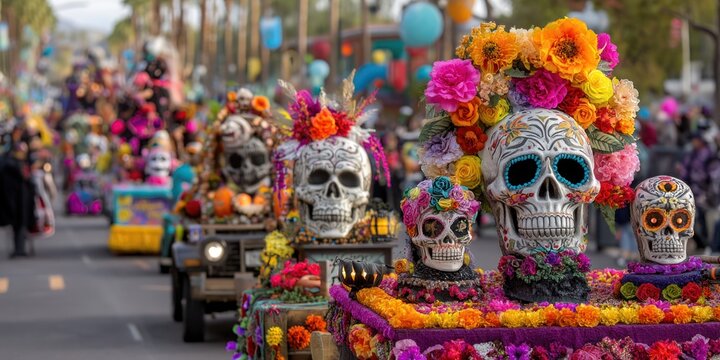 A colorful parade float with sugar skulls, flowers, and decorations, celebrating the Day of the Dead in Mexico.