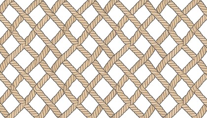 An intricate, repeating, diagonal grid pattern crafted from thick, textured, beige rope against a stark white background. The design creates a lattice effect