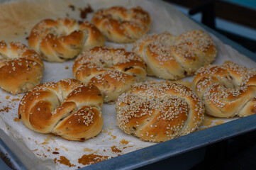 Homemade Turkish Simit with Sesame on Baking Tray