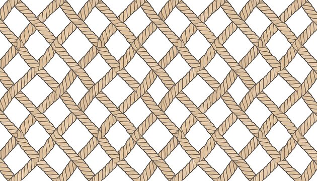 An intricate, repeating, diagonal grid pattern crafted from thick, textured, beige rope against a stark white background. The design creates a lattice effect - Powered by Adobe