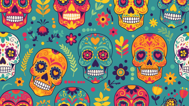 Festive Day of the Dead Sugar Skulls Seamless Pattern with Colorful Floral Motifs