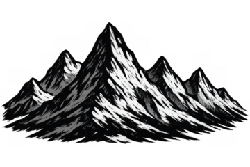 Mountain range drawing with snow peaks, black and white sketch style, high altitude landscape illustration on transparent background