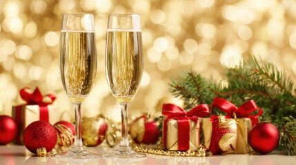 Elegant Holiday Celebration: Champagne Flutes, Festive Gifts, and Sparkling Gold Backdrop for a Joyful Season