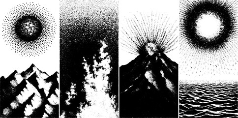 Engraving set depicting landscapes with mountains, a sun, and waves. Black and white vector illustration showcasing natural textures in vintage style.