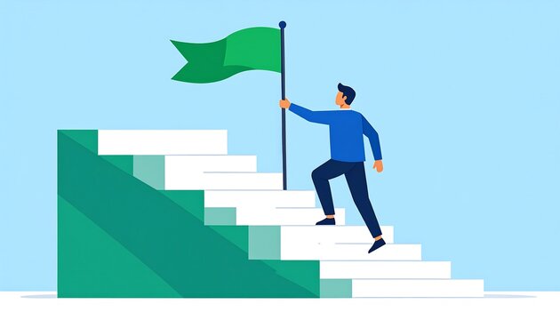 An upward-bound cartoon image shows a person raising a green flag at the top of stairs, symbolizing achievement and success