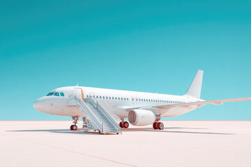 
White passenger jet plane with boarding stairs isolated on bright background with sky