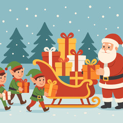 Fototapeta premium Santa Claus and Elves with Gift Bags and Sleigh Flat Vector Illustration