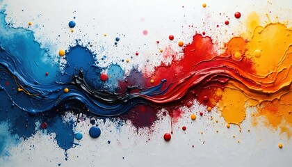 Vibrant abstract fluid paint splashes on white background. Dynamic waves of blue, black, red, yellow paint create energetic motion, impressive texture. Expressive artwork shows creative energy,
