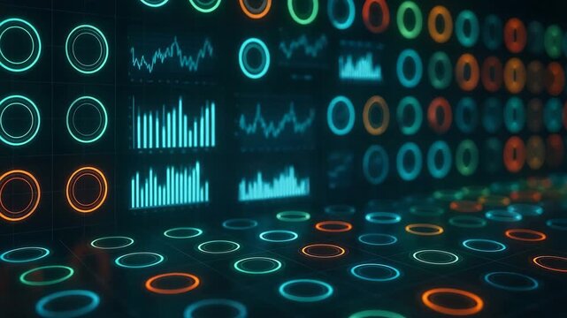 Futuristic data visualization with vibrant colors displaying graphs and charts on a digital interface. - Powered by Adobe