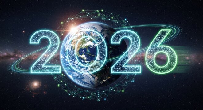 Futuristic Earth and Year 2026 with Stars and Cosmic Effects in Outer Space