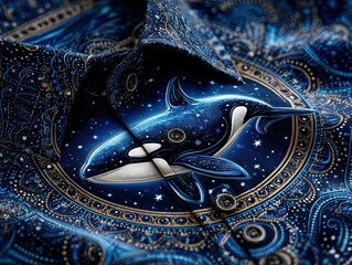blue and white starry patterned shirt with an orca design on it, a close-up of the whale swimming in space among the stars shaman orca illustration with space and stars