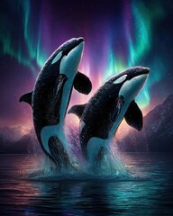 orcas breaching under multicolor aurora, water splashes catching the aurora glow