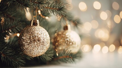 Elegant Christmas: Golden Baubles Adorned on a Pine Tree with Festive Bokeh Lights Background