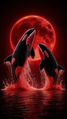 two translucent ghost orcas breaching under a blood-red full moon, water splashes catching the red glow, ultra detailed water textures, perfectly focused, eerie and majestic Halloween ocean scene