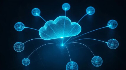 Futuristic cloud computing illustration showcasing interconnected globes and digital networks in vibrant blue tones. - Powered by Adobe