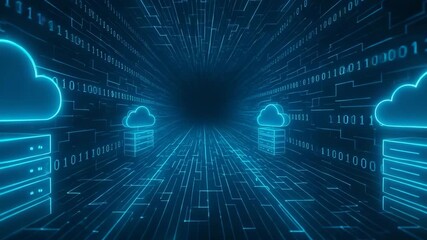 Futuristic digital tunnel with glowing cloud servers and binary code, symbolizing advanced technology and data transfer. - Powered by Adobe