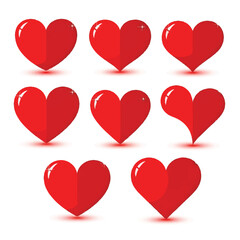 Eight shiny red heart icons arranged in three rows on a white background with subtle shadows, showcasing a glossy effect.