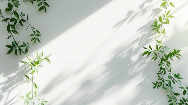 Green Leaves Against White Wall with Shadows and Natural Light
