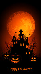 Halloween card with pumpkins, spooky houses, full moon, and "Happy Halloween" message on orange background, vector design in Halloween style, suitable for t-shirt design and 2D graphic art.