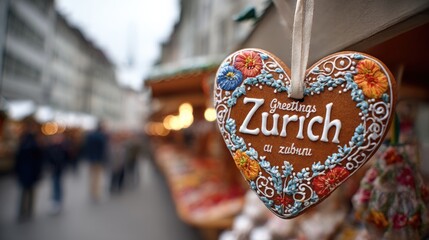 Obraz premium Heart-Shaped Gingerbread Decoration at a Festive Market, Evoking Travel and Celebration in Zurich, Switzerland