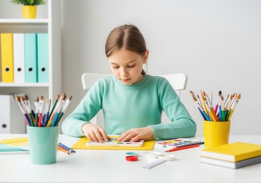 A creative young girl painting with watercolors at her desk. Child engaged in an art and craft hobby at home. Childhood education and learning concept