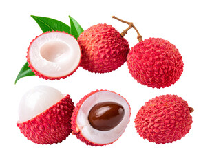Fresh Lychee Fruit with Half Cut and Seed &ndash; Realistic Tropical Fruit PNG on White Background