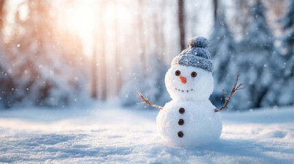 Festive Snowman in Winter Wonderland: Cheerful Holiday Scene with Snow-Covered Forest and Warm Sunlight