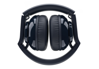 Black wireless headphones folded isolated on transparent background for listening music