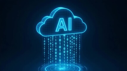 A futuristic representation of cloud computing, showcasing AI integration with binary data cascading from a digital cloud. - Powered by Adobe