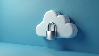 White cloud with silver padlock attached. Digital data protection concept with secure cloud storage and online access control for safe cyberspace.
