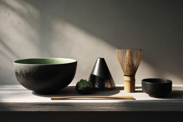 Traditional Japanese matcha tea ceremony implements on wooden shelf with natural light and shadows