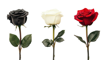 Three roses black white and red isolated on transparent background