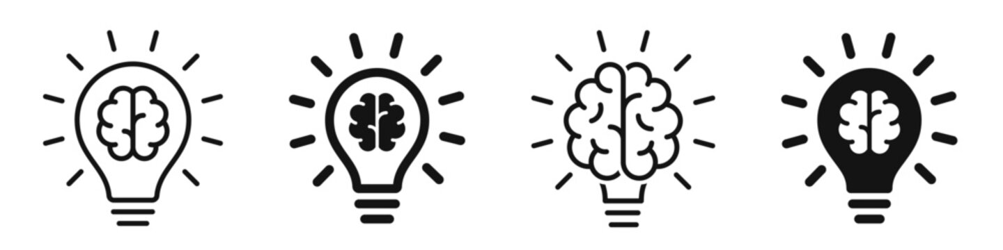 Brain in light bulb icon set. Creative, generating idea, solution , knowledge, lamp - stock vector.